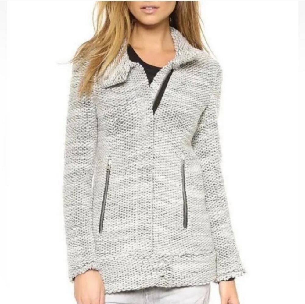 IRO Ajuma Wool Chunky Knit High Neck Full Zip Sweater Jacket black white Neutral